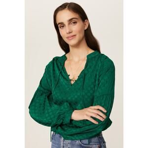 Great Jones Emerald Green Jacquard Bishop Sleeve V-Neck Blouse Size Small